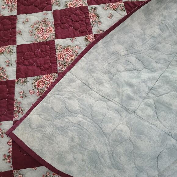 Vintage Amish Handmade Quilt Queen 100x98 Checkerboard Hearts Floral Burgundy PA - Picture 11 of 11